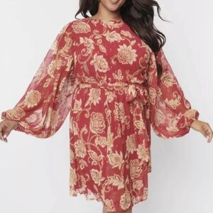 Unique Vintage Red And Gold Floral Plus Size Dress 3X